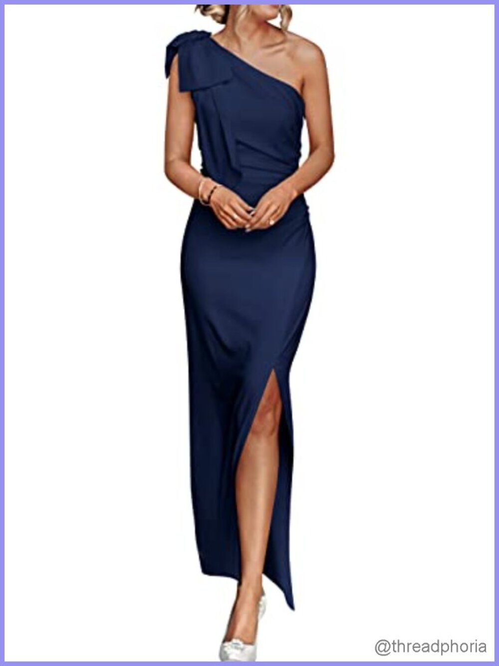 One Shoulder Maxi Dress High Slit Ruched Bow Formal Cocktail Party
